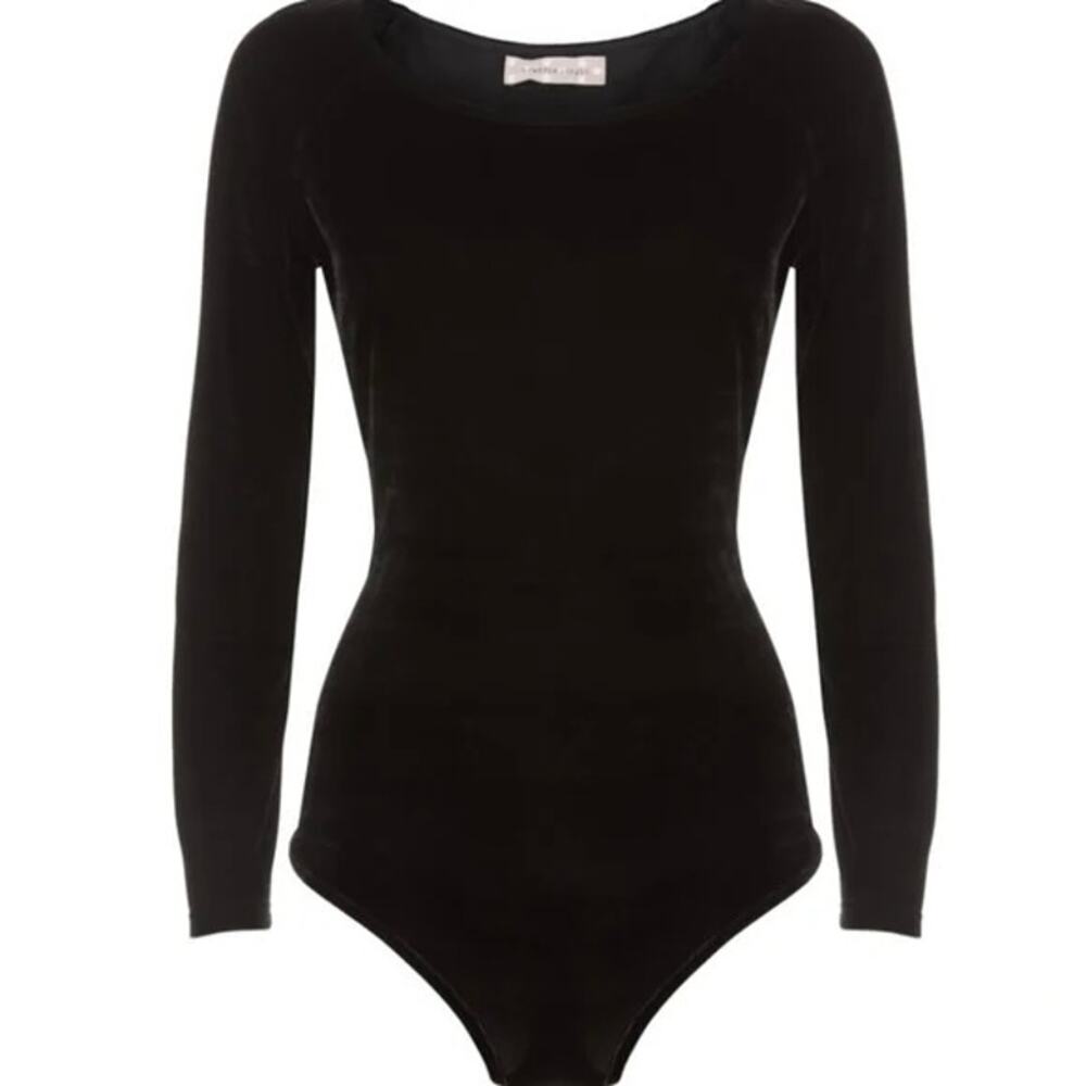 Traffic People Black Velvet Bodysuit Long Sleeve Scoop Neck Stretch NWT Sz XS